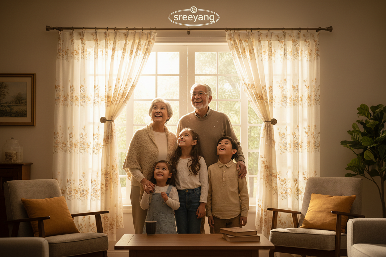grand parents lookin to the cutains with their chuilkdes with a smile and need sreeyang logo on top