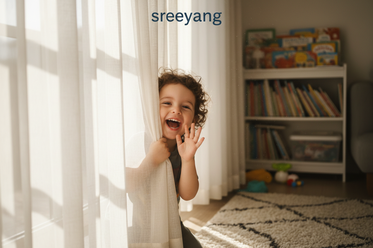 kid playing with cutain with joyful face  and need logo sreeyang on top